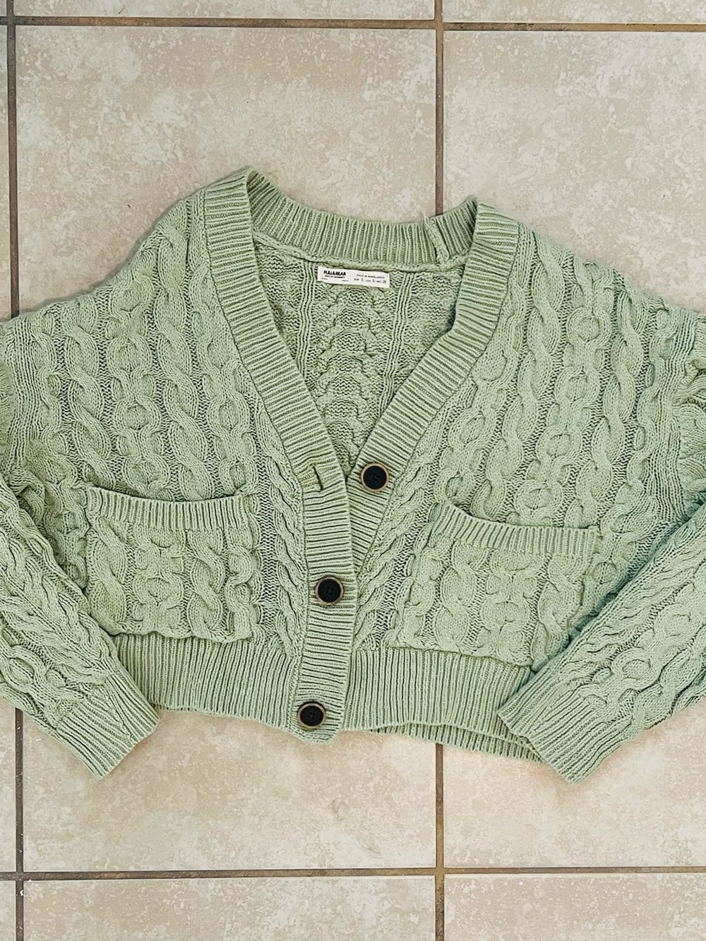 Pull&Bear Mint Green Cable Knit Cropped Cardigan